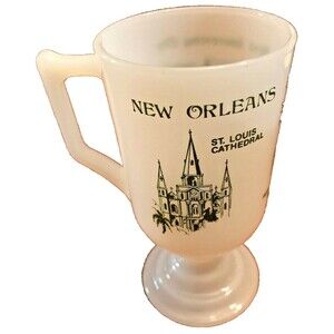 Vintage New Orleans Milk Glass Souvenir Coffee Mug, White W/Green  Pedestal  Cup